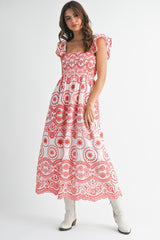 Red Embroidered Smocked Cutout Midi Dress
