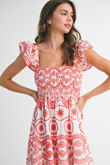 Red Embroidered Smocked Cutout Midi Dress