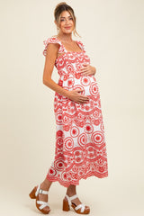 Red Embroidered Smocked Cutout Maternity Midi Dress