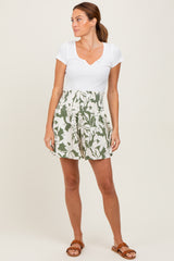Light Olive Floral Smocked Waist Maternity Shorts