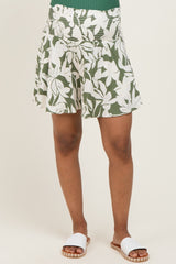 Light Olive Floral Smocked Waist Maternity Shorts