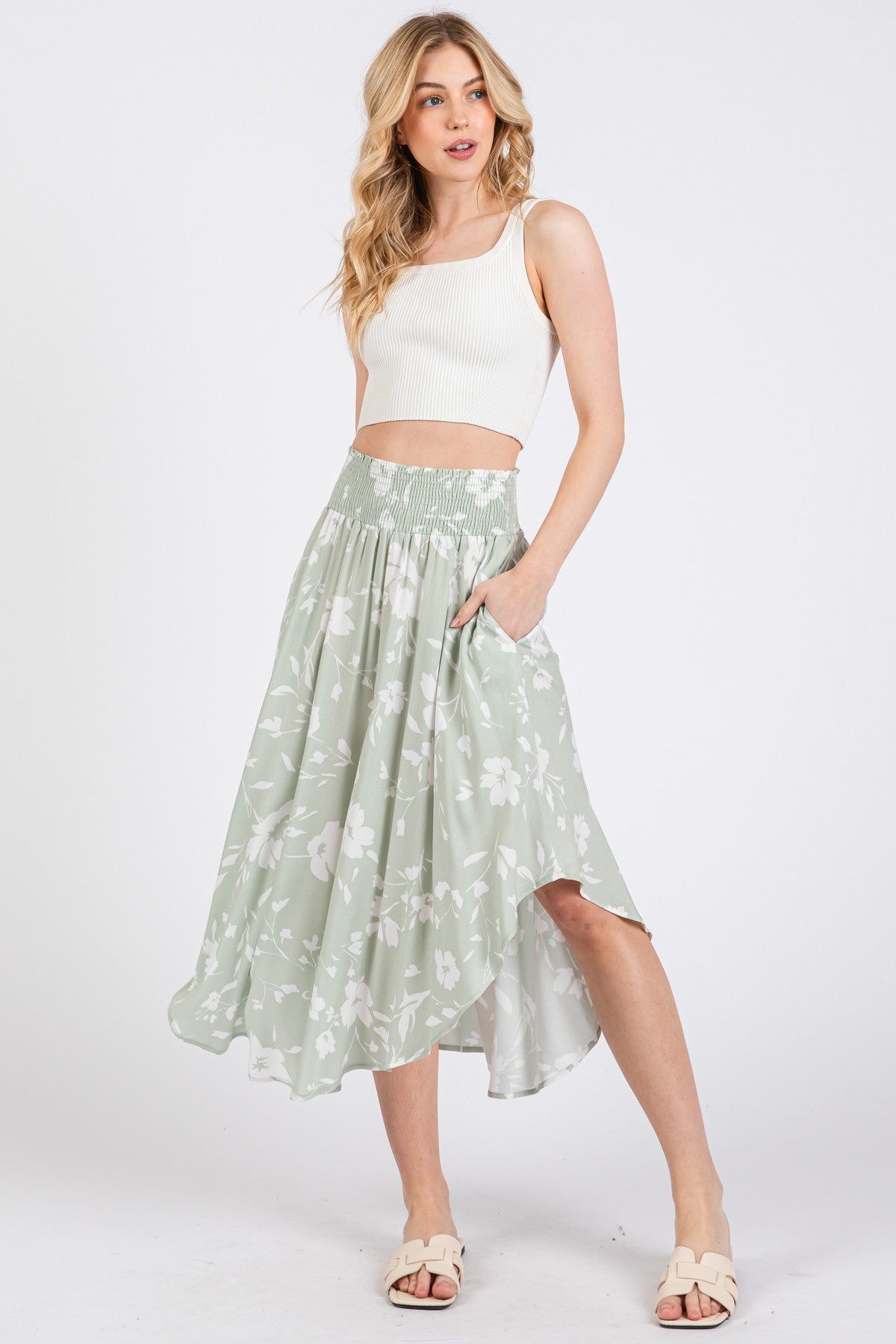 Light Olive Floral Smocked Waist Round Hem Midi Skirts