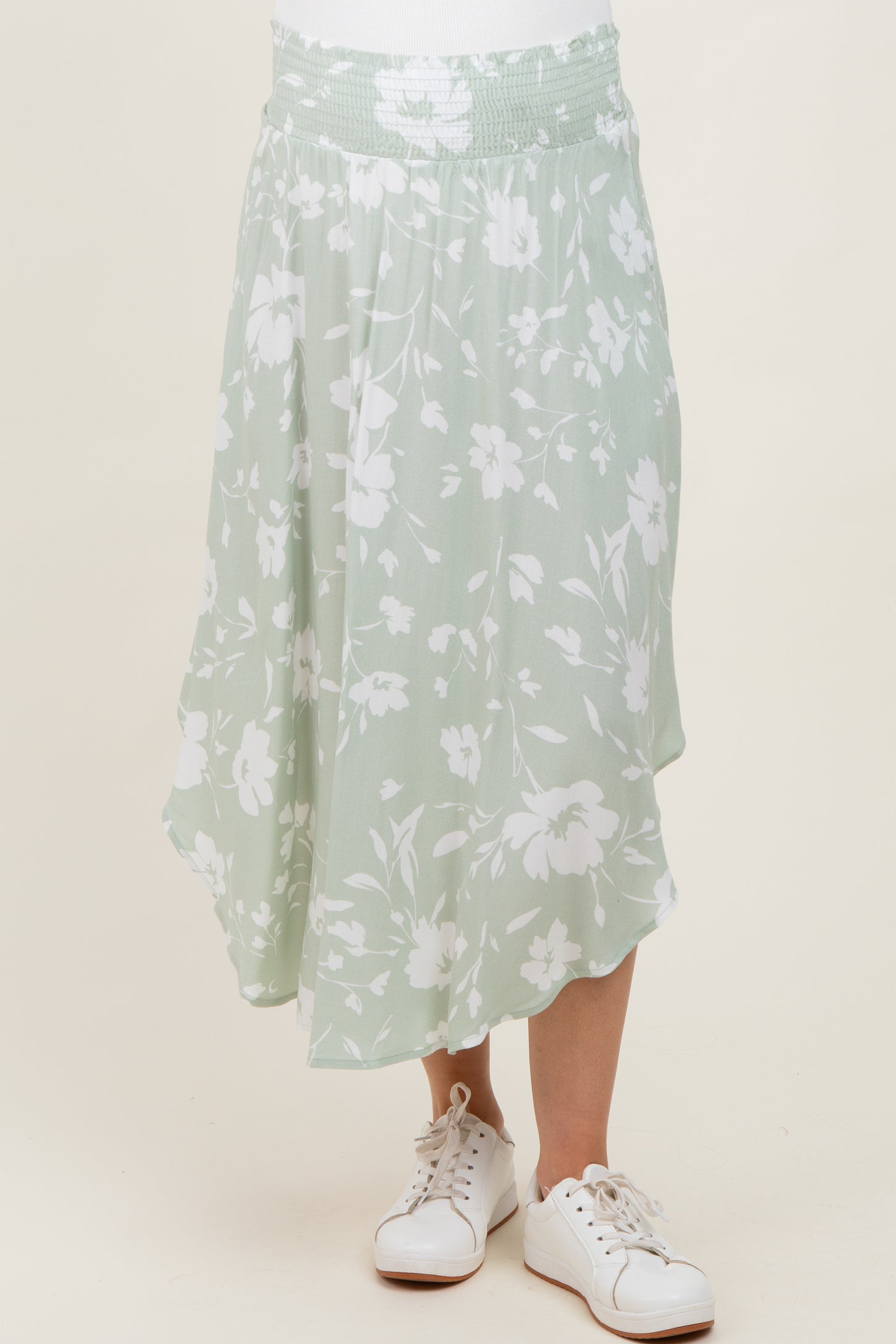 Light Olive Floral Smocked Waist Round Hem Maternity Midi Skirts