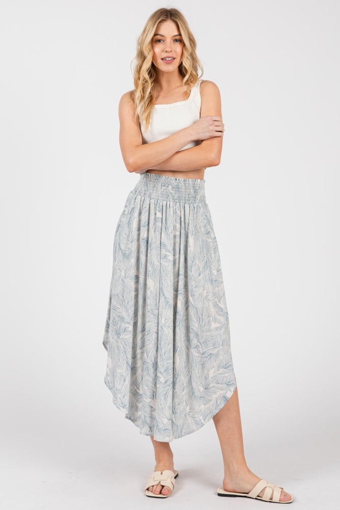 Blue Printed Smocked Waist Round Hem Maternity Midi Skirt