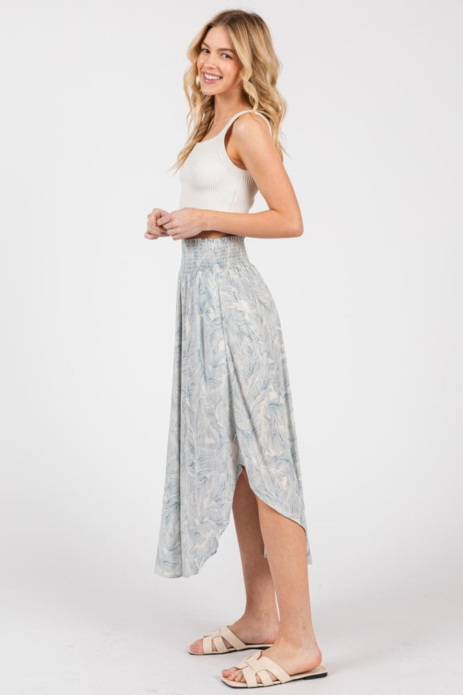 Blue Printed Smocked Waist Round Hem Midi Skirt