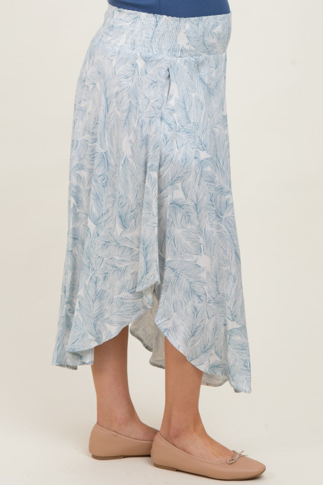 Blue Printed Smocked Waist Round Hem Maternity Midi Skirt