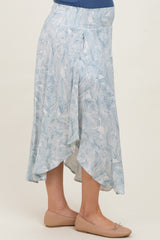 Blue Printed Smocked Waist Round Hem Maternity Midi Skirt
