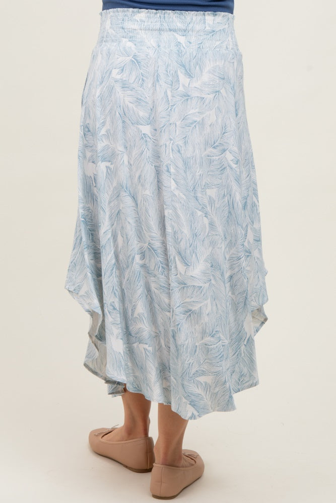 Blue Printed Smocked Waist Round Hem Maternity Midi Skirt