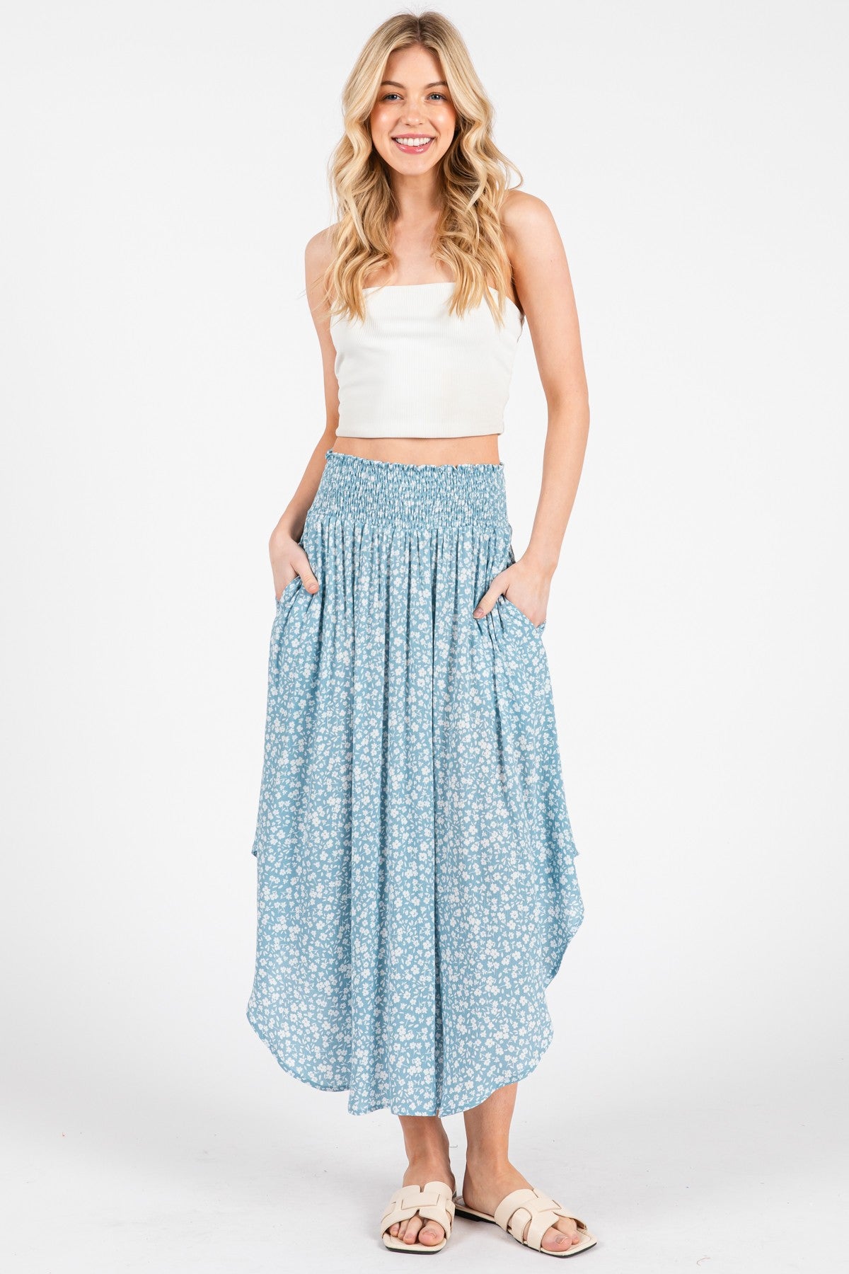 Blue Floral Smocked Waist Round Hem Maternity Midi Skirt