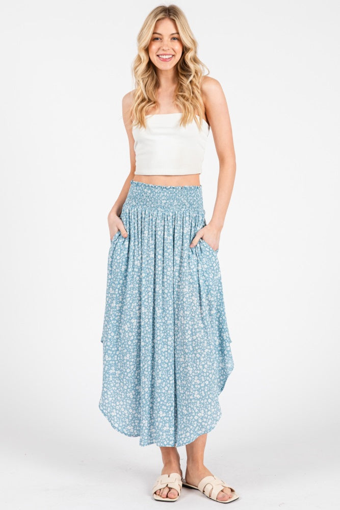 Blue Floral Smocked Waist Round Hem Maternity Midi Skirt