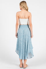 Blue Floral Smocked Waist Round Hem Midi Skirt