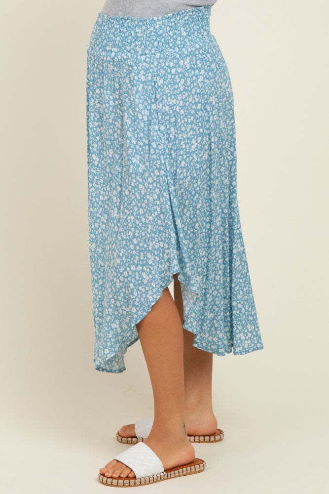 Blue Floral Smocked Waist Round Hem Maternity Midi Skirt
