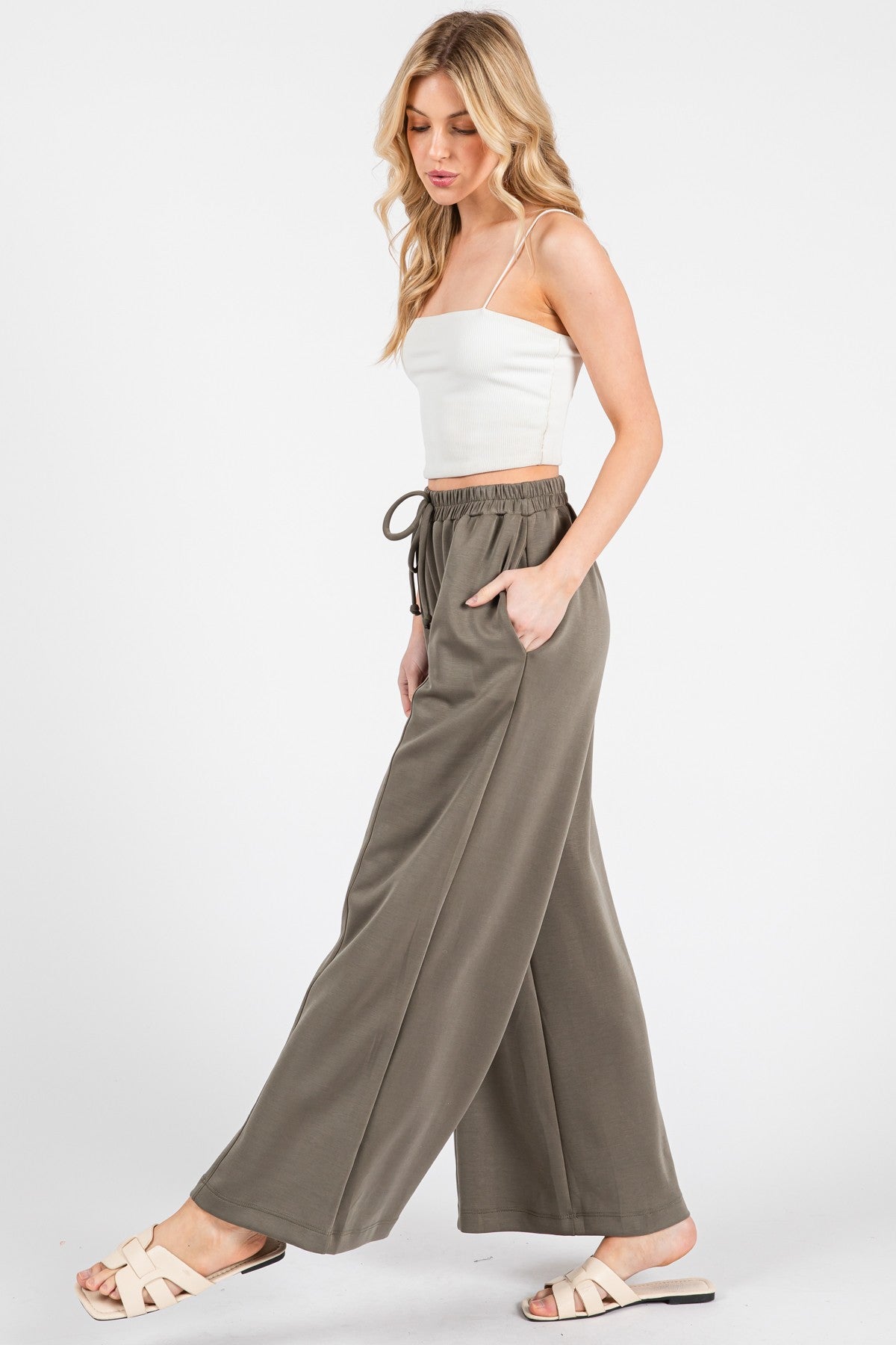 Olive Drawstring Wide Leg Pants