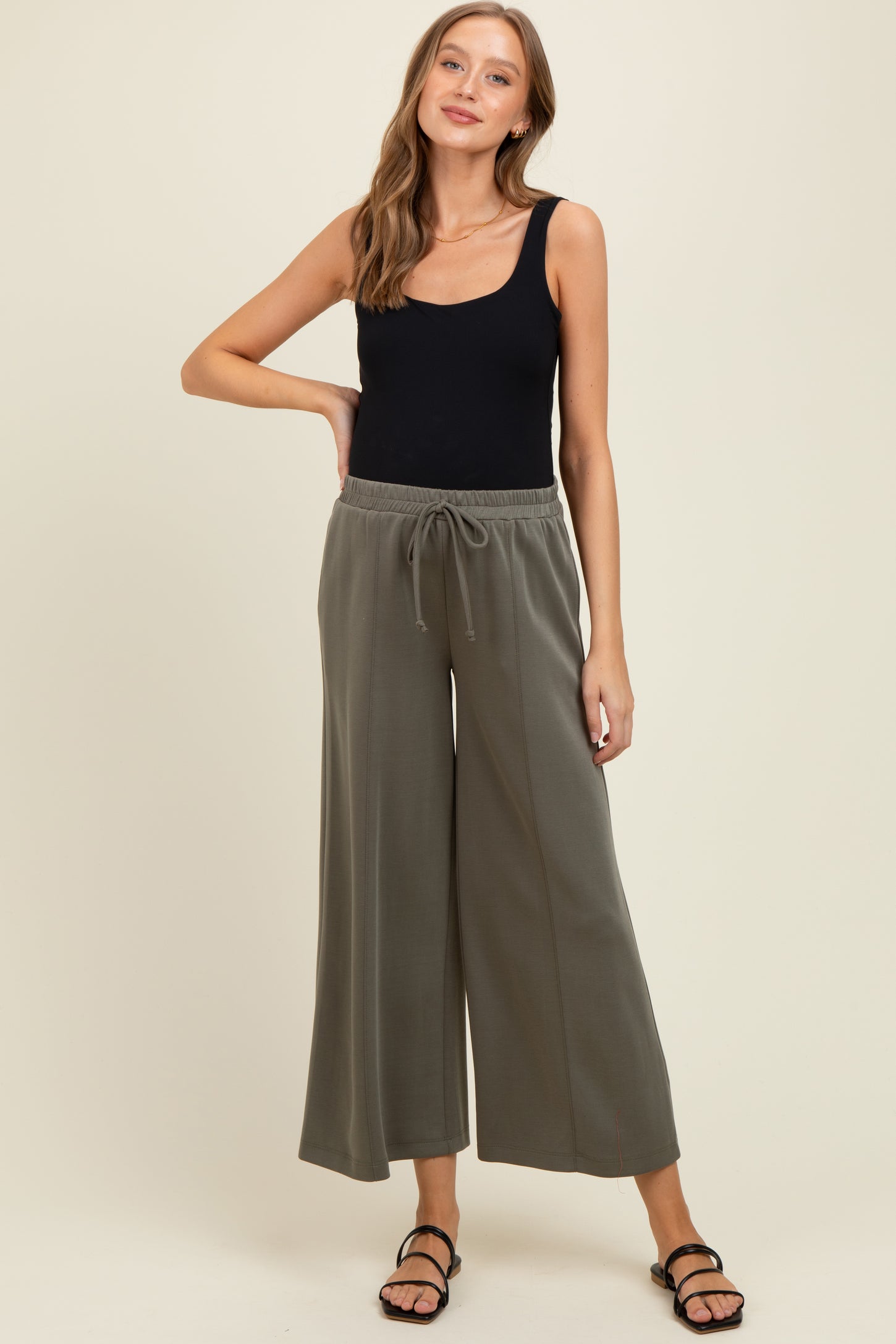 Olive Drawstring Wide Leg Maternity Pants