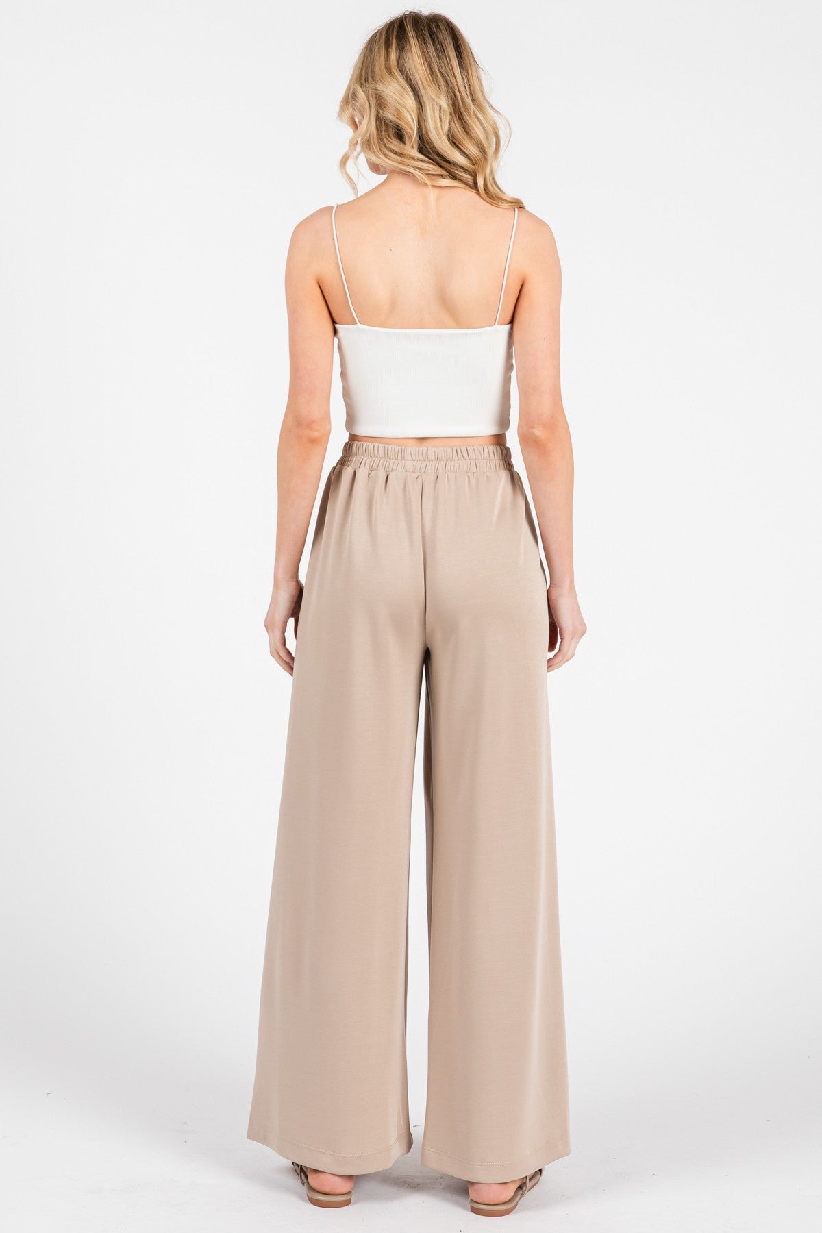Beige Drawstring Wide Leg Pants