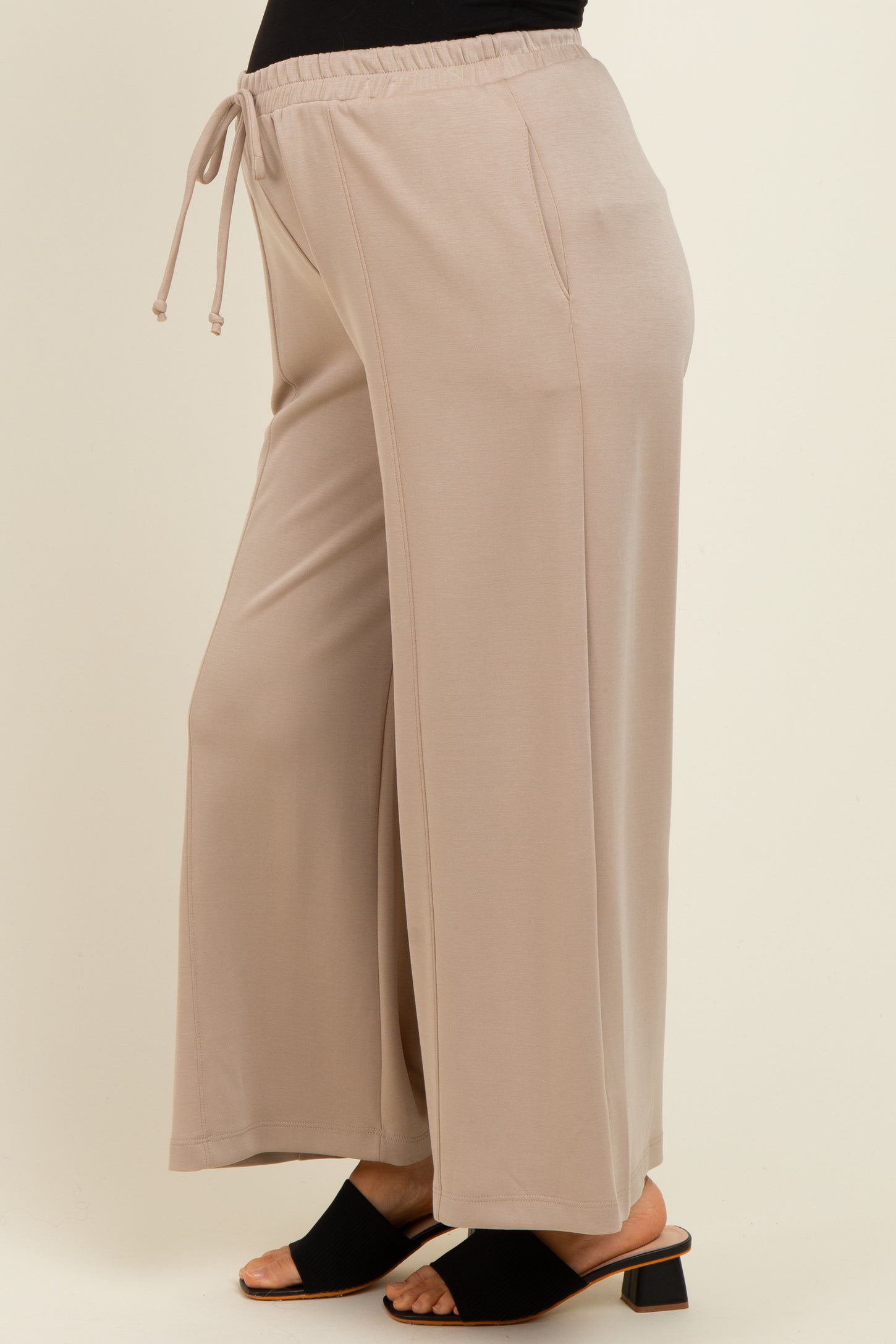 Beige Drawstring Wide Leg Maternity Pants