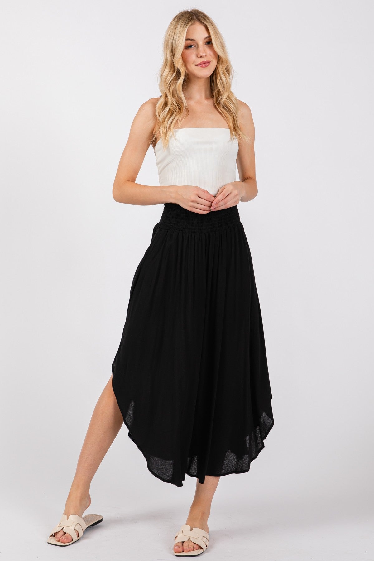 Black Smocked Waist Rounded Hem Skirt