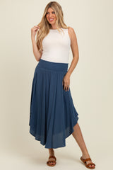 Light Navy Smocked Waist Rounded Hem Maternity Skirt