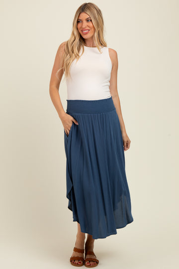 Light Navy Smocked Waist Rounded Hem Maternity Skirt