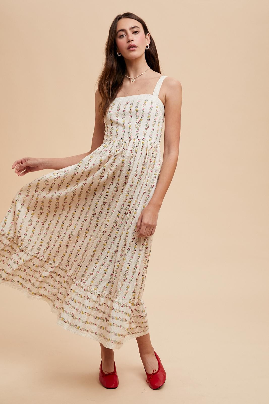 Cream Floral Textured Cotton Lace Trim Maxi Dress