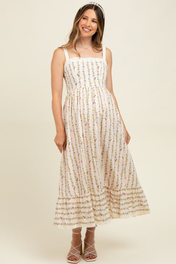 Cream Floral Textured Cotton Lace Trim Maternity Maxi Dress