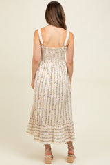 Cream Floral Textured Cotton Lace Trim Maternity Maxi Dress