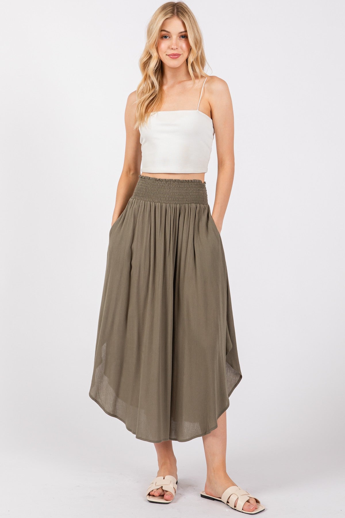 Olive Smocked Waist Rounded Hem Maternity Skirt