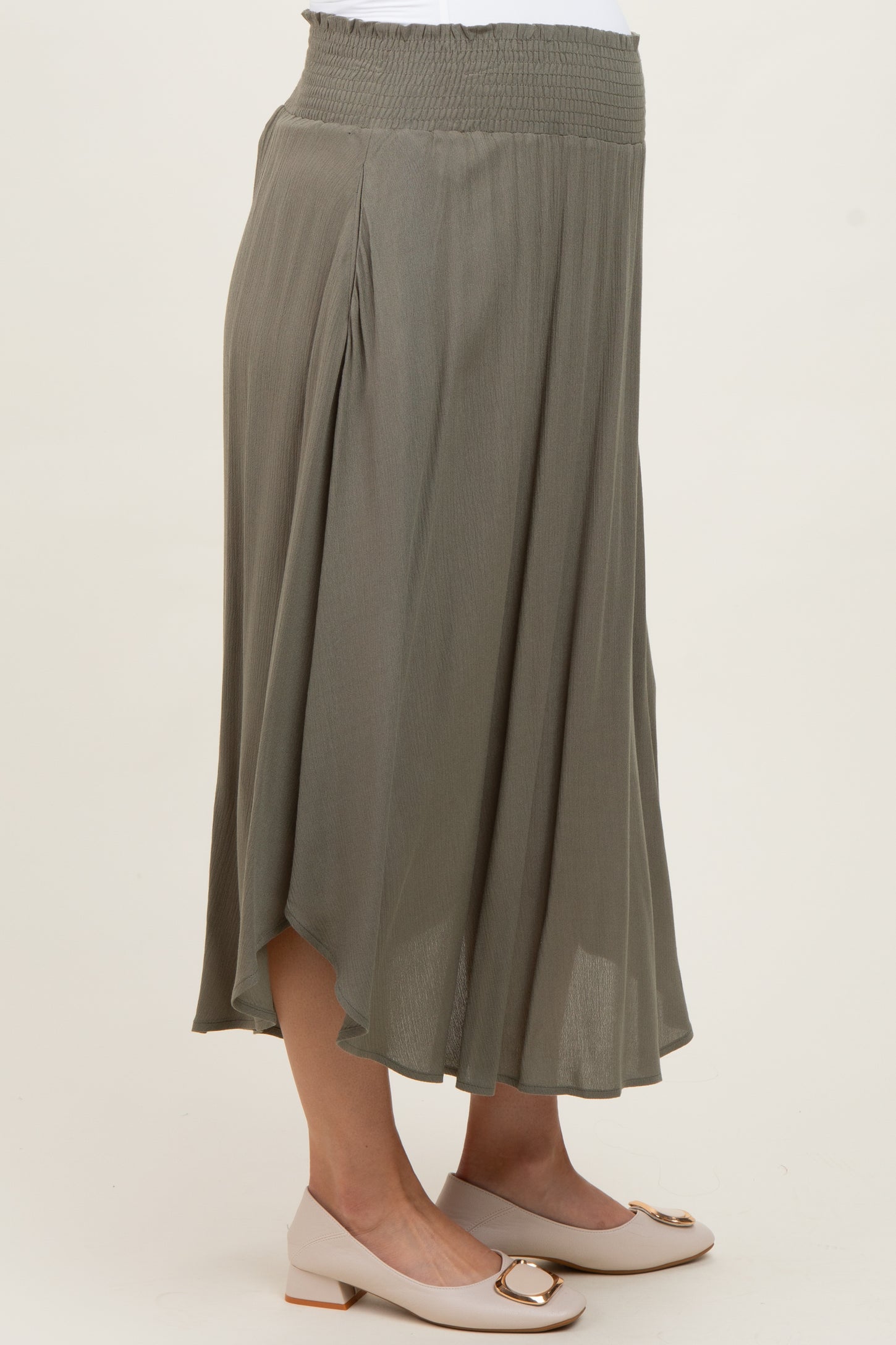 Olive Smocked Waist Rounded Hem Maternity Skirt
