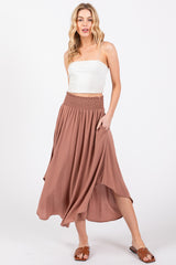 Mauve Smocked Waist Rounded Hem Midi Skirt