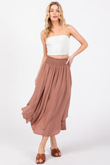 Mauve Smocked Waist Rounded Hem Midi Skirt
