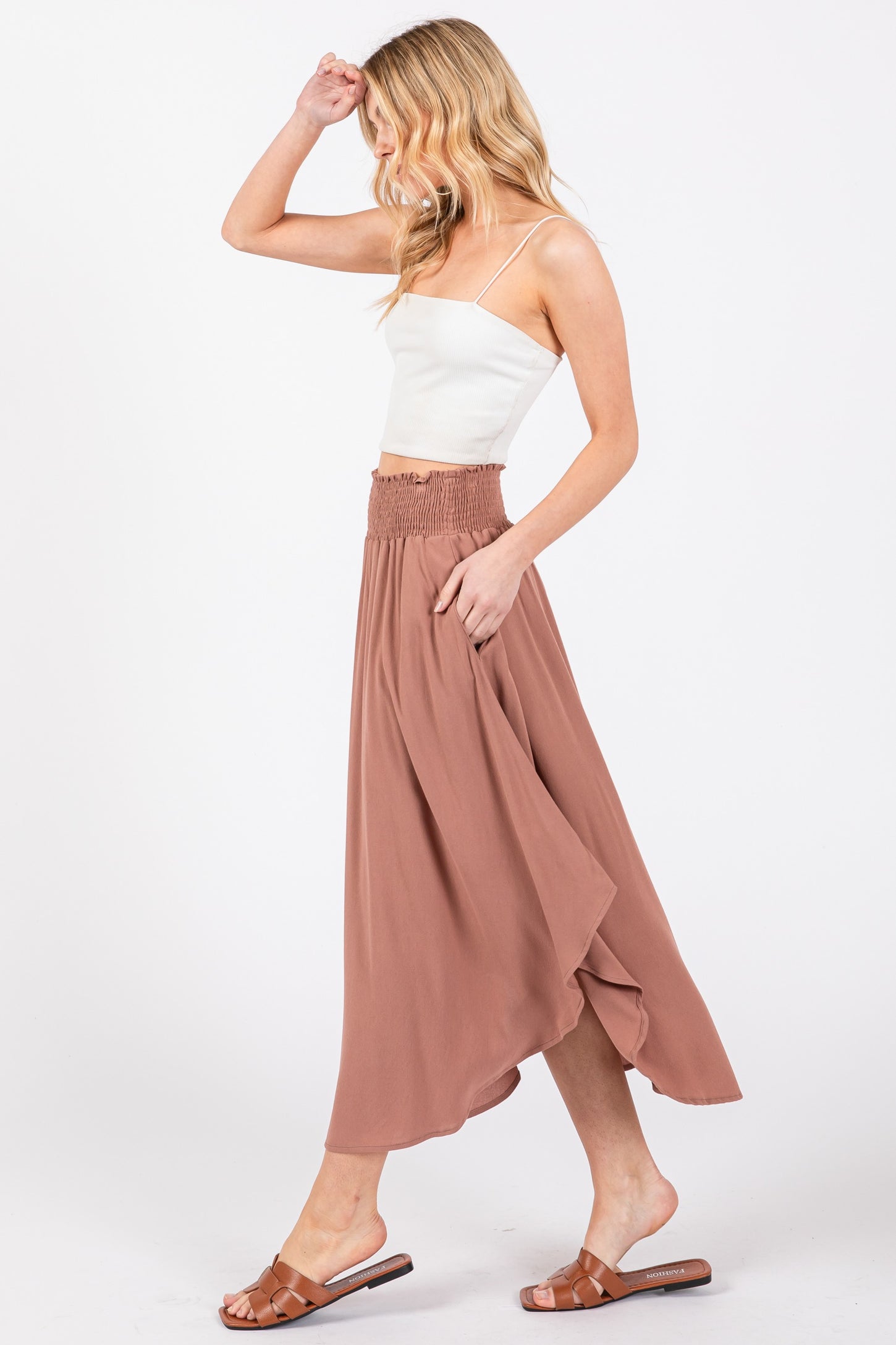 Mauve Smocked Waist Rounded Hem Midi Skirt