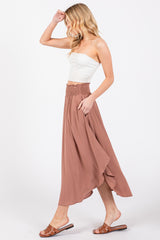 Mauve Smocked Waist Rounded Hem Midi Skirt