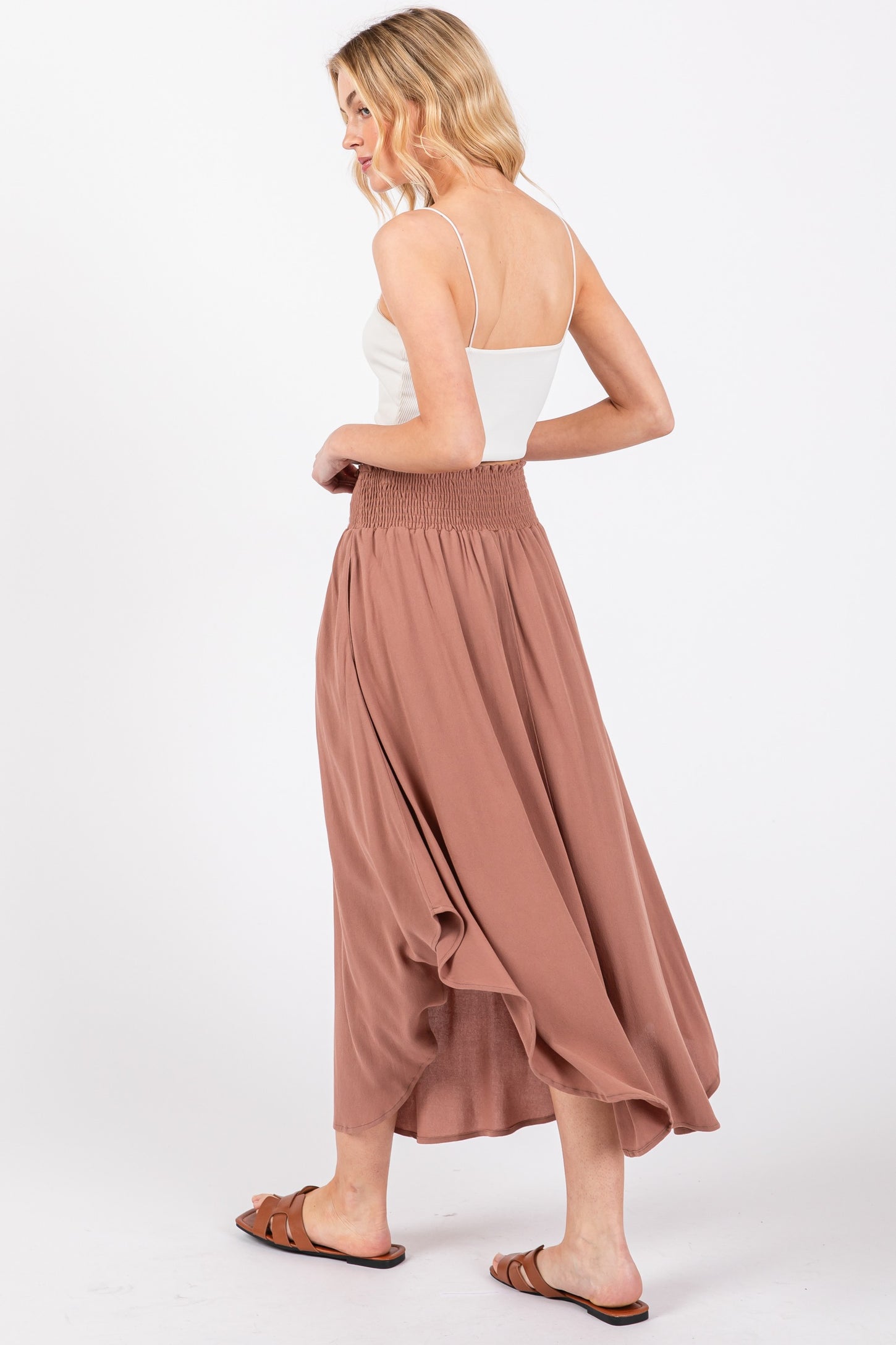 Mauve Smocked Waist Rounded Hem Midi Skirt