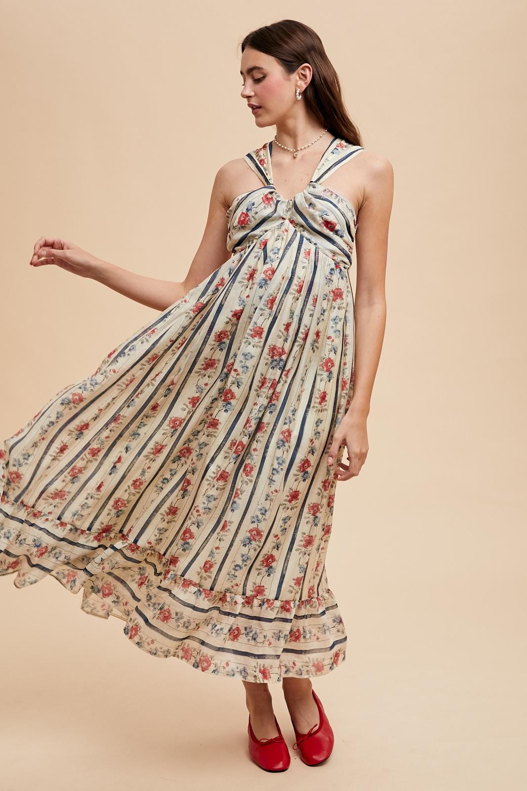 Multi Color Striped Floral Cotton Maxi Dress