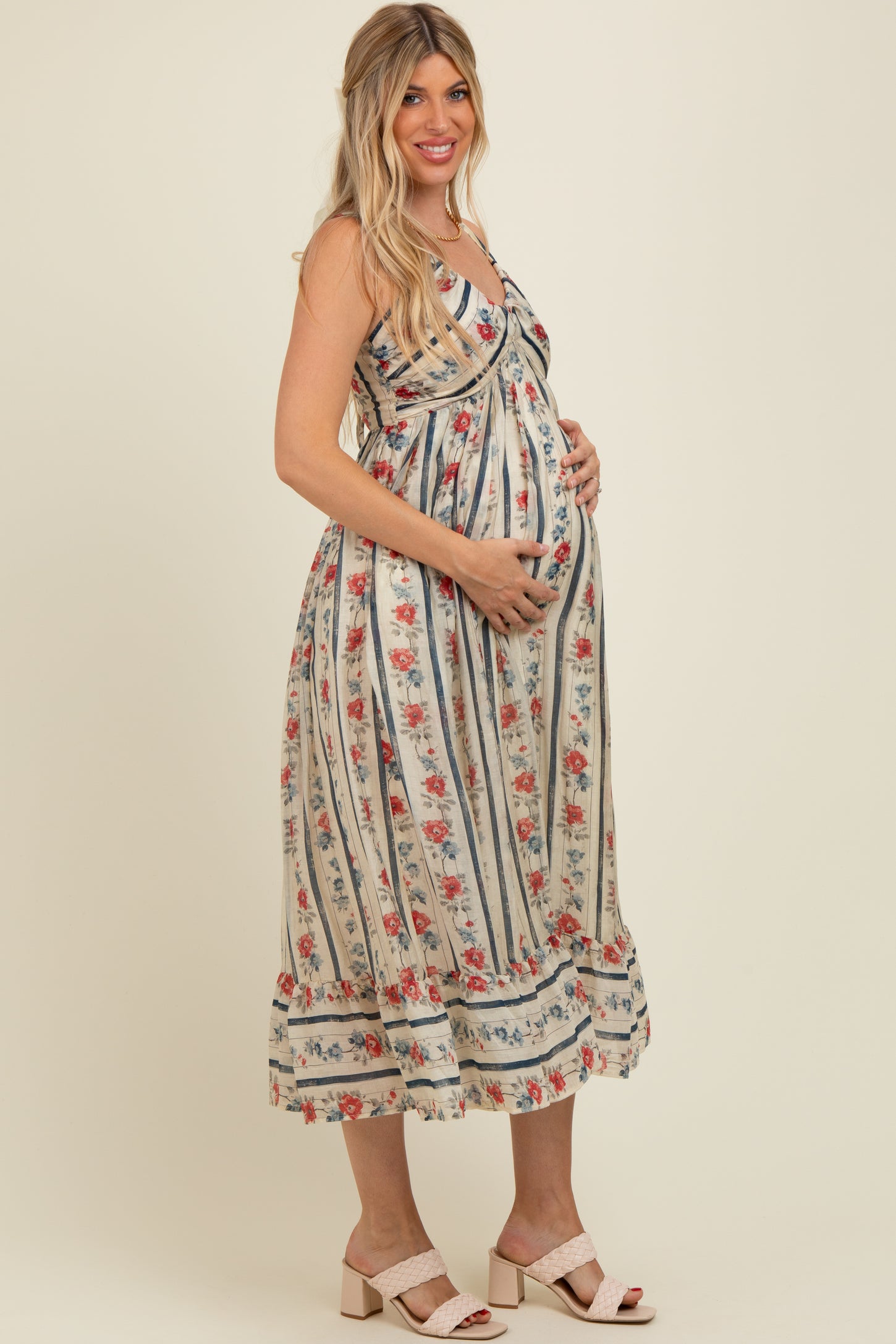 Multi Color Striped Floral Cotton Maternity Maxi Dress