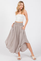 Light Grey Smocked Waist Rounded Hem Maternity Midi Skirt