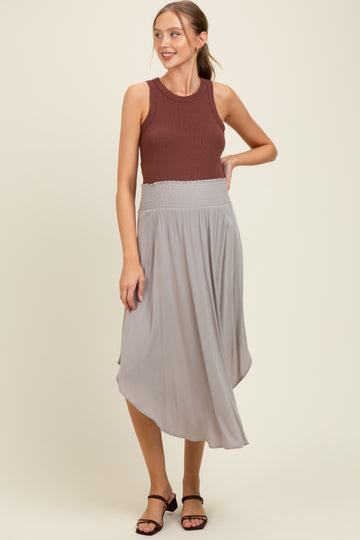Light Grey Smocked Waist Rounded Hem Maternity Midi Skirt