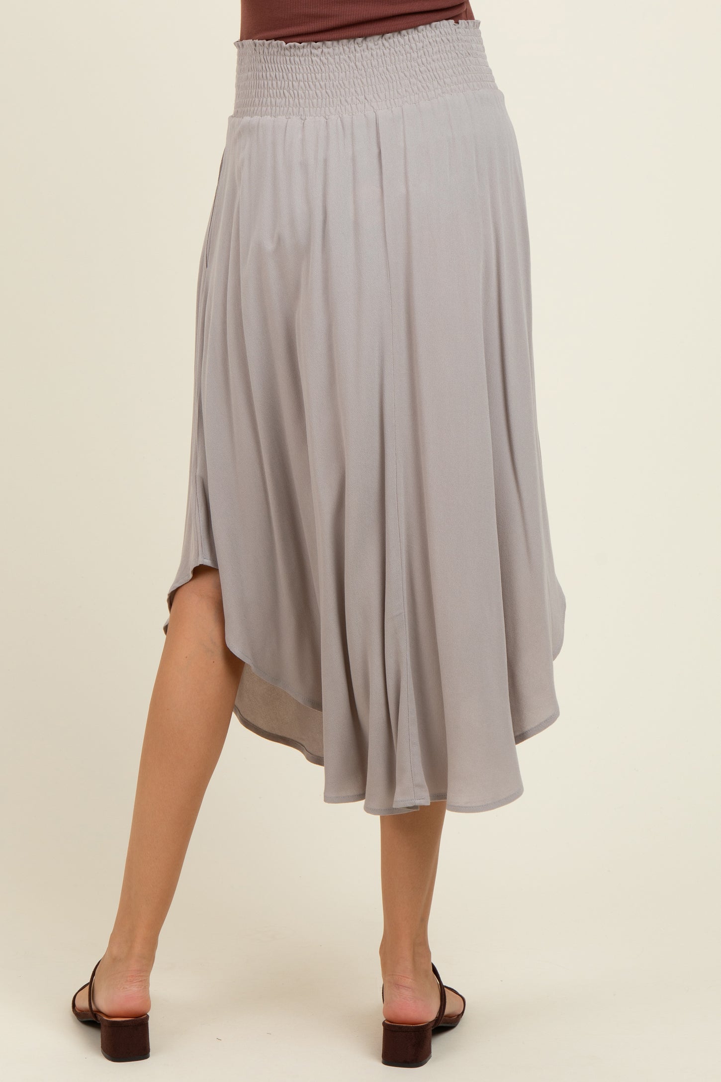 Light Grey Smocked Waist Rounded Hem Maternity Midi Skirt