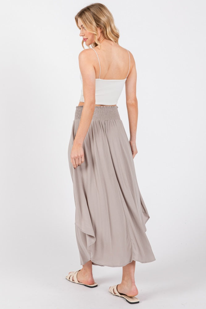 Light Grey Smocked Waist Rounded Hem Midi Skirt