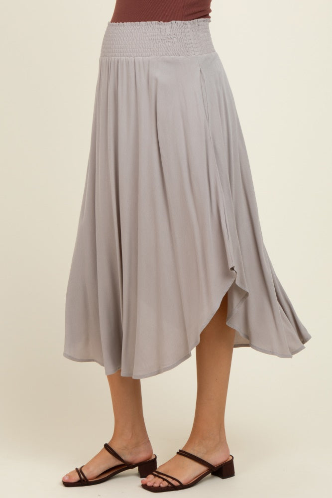 Light Grey Smocked Waist Rounded Hem Maternity Midi Skirt