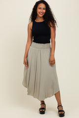 Light Olive Smocked Waist Rounded Hem Midi Skirt