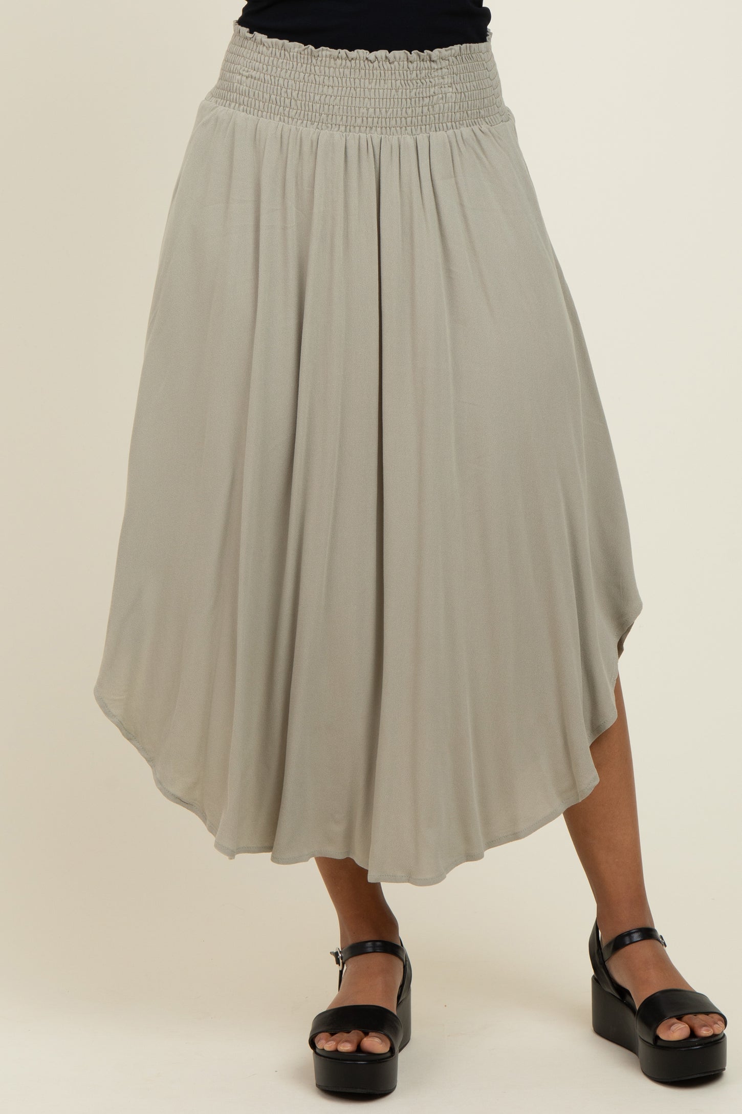 Light Olive Smocked Waist Rounded Hem Midi Skirt