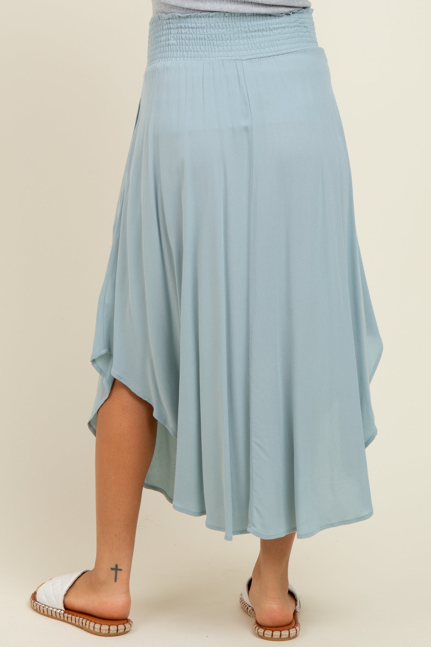 Light Blue Smocked Waist Rounded Hem Maternity Midi Skirt