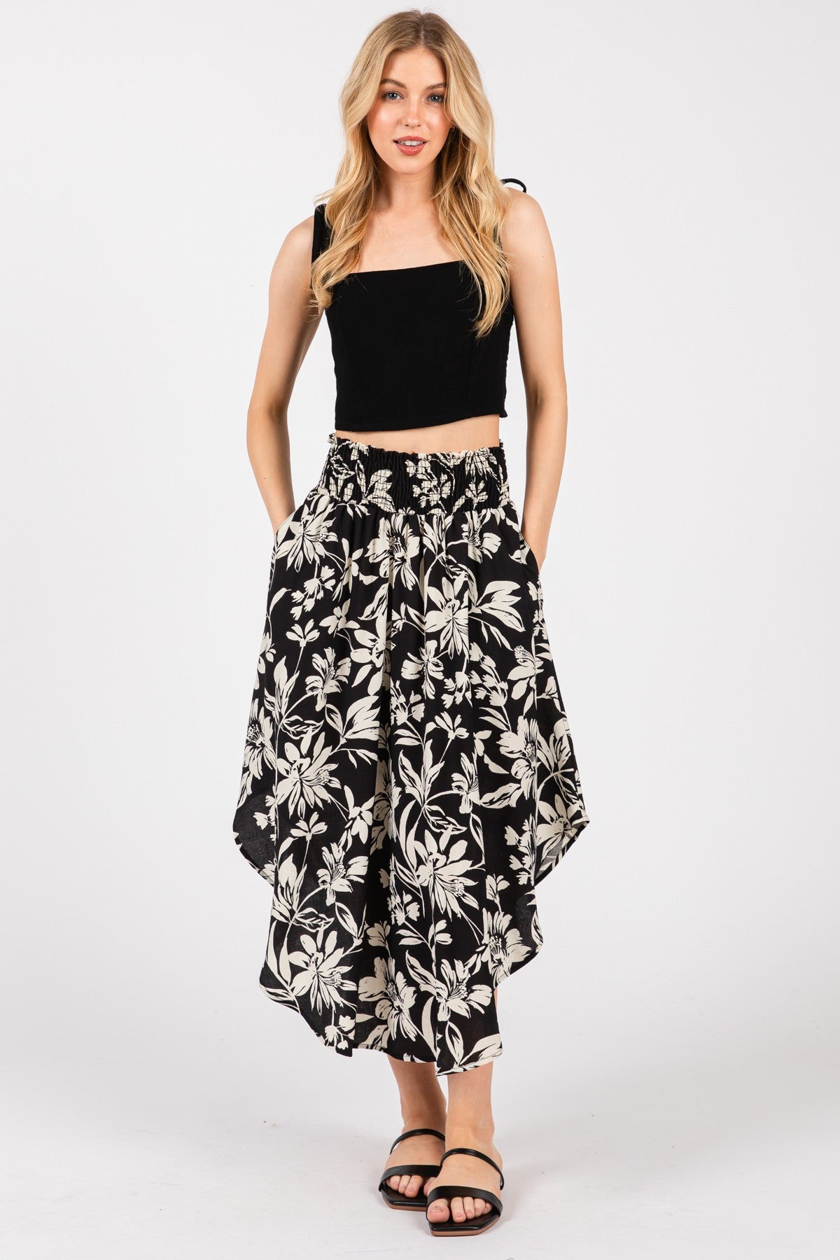 Black Floral Smocked Waistband Maternity Midi Skirt