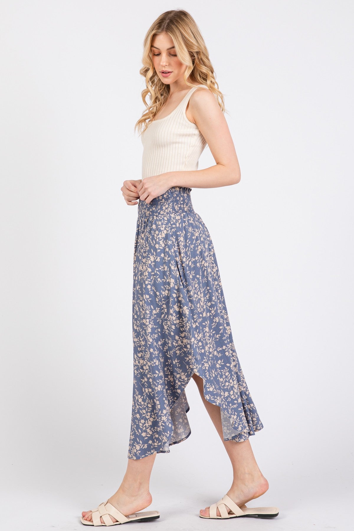 Blue Floral Smocked Waist Skirt