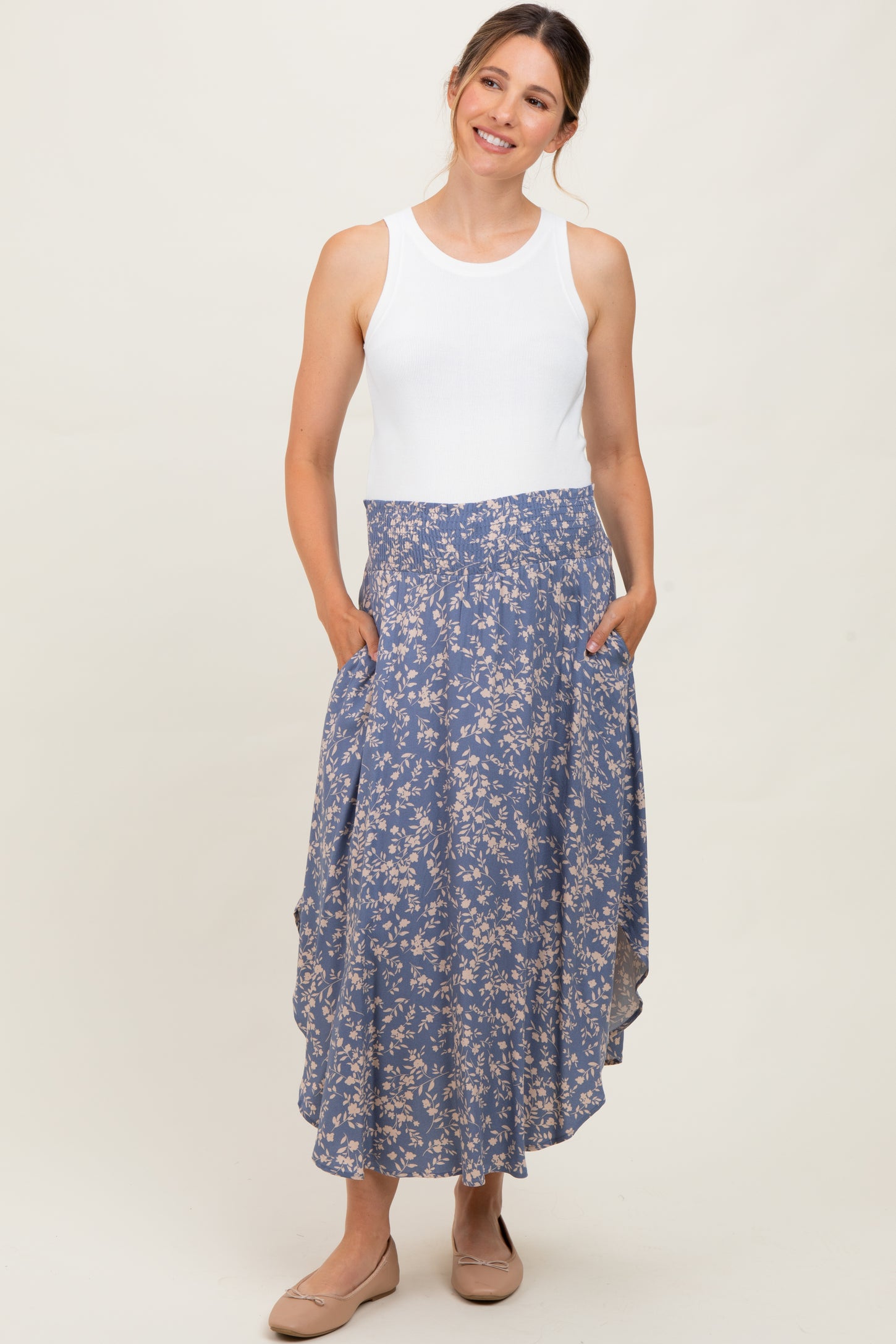 Blue Floral Smocked Waist Maternity Skirt