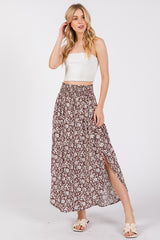 Brown Floral Smocked Waist Side Slit Maternity Skirt