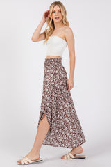 Brown Floral Smocked Waist Side Slit Skirt