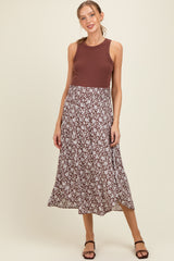 Brown Floral Smocked Waist Side Slit Maternity Skirt