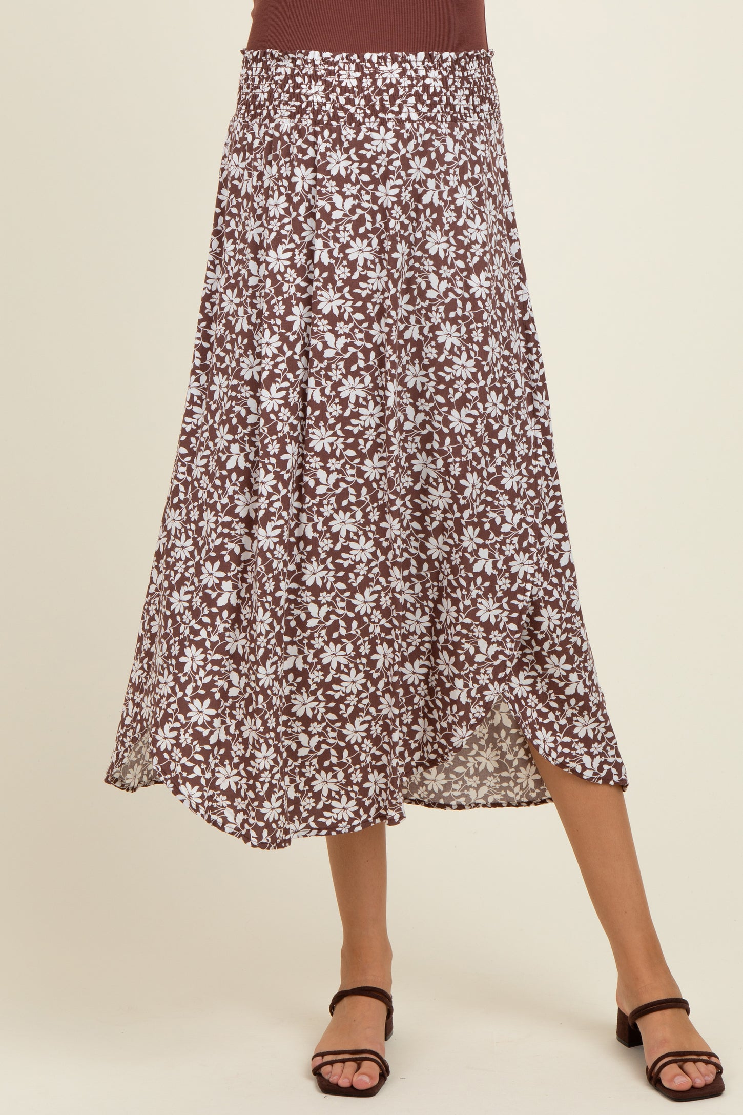 Brown Floral Smocked Waist Side Slit Maternity Skirt